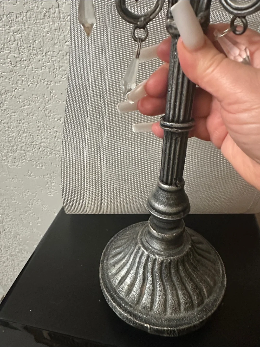 Antique Black Metal Candle Holder with Clear Crystal Drops